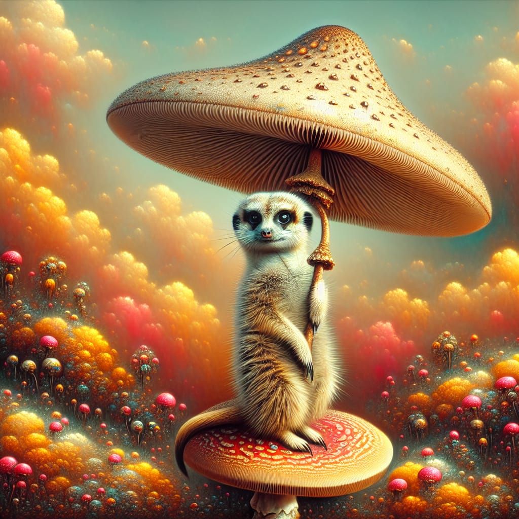 Whimsical Meerkat Uses Toadstool as Umbrella in Ornate Style