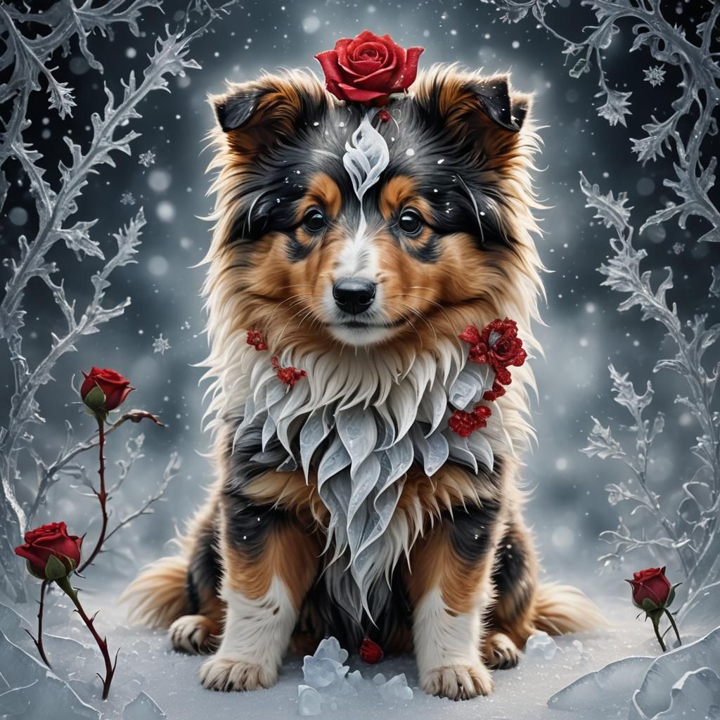 Icy Sheltie Puppy with Rose: Winter Fantasy Art