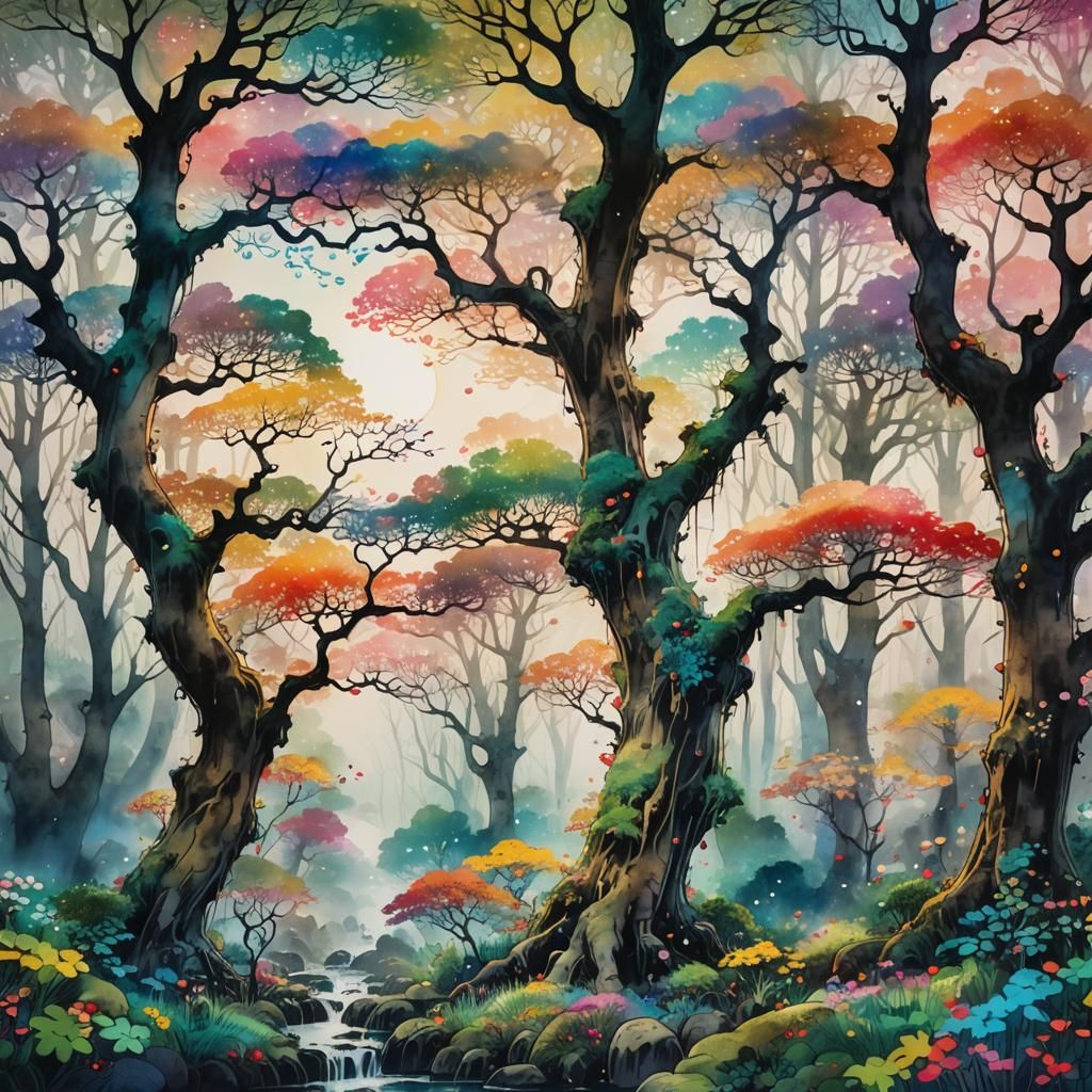 Mystical Forest at Dawn with Sumi-e Elements