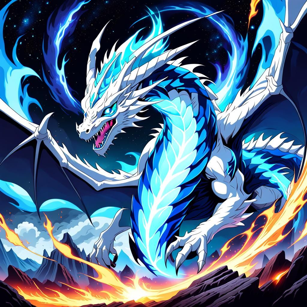 Blue-Eyed Dragon Cleansing Earth in Cosmic Flames