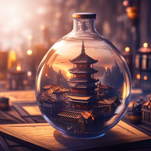 Detailed Asian City Inside Glass Bottle