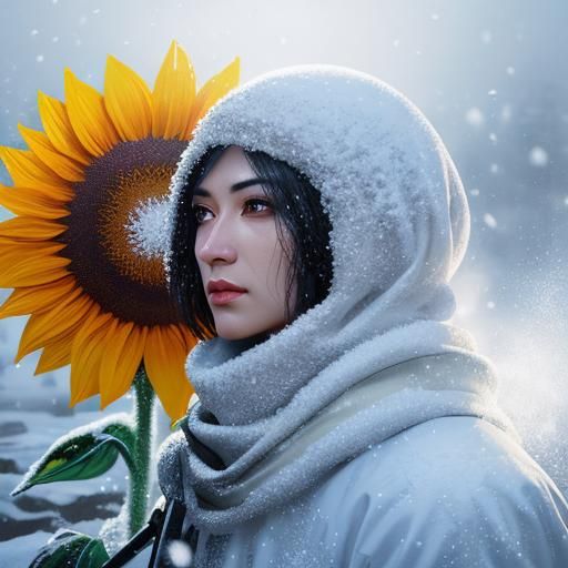 Hyperrealistic Sunflower Blooms in Winter Snow