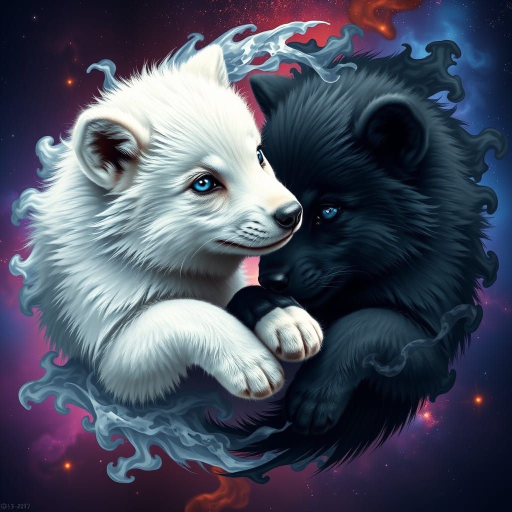 Realistic Yin Yang Wolf Pups in Stunning Galaxy Background