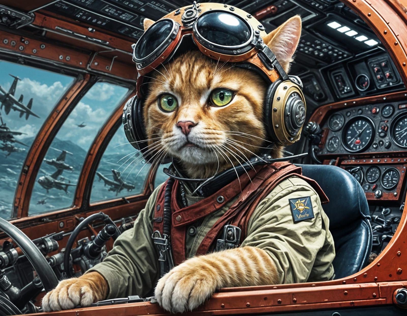 Anthropomorphic Kamikaze Cat Pilot in Vintage Mitsubishi Zer...