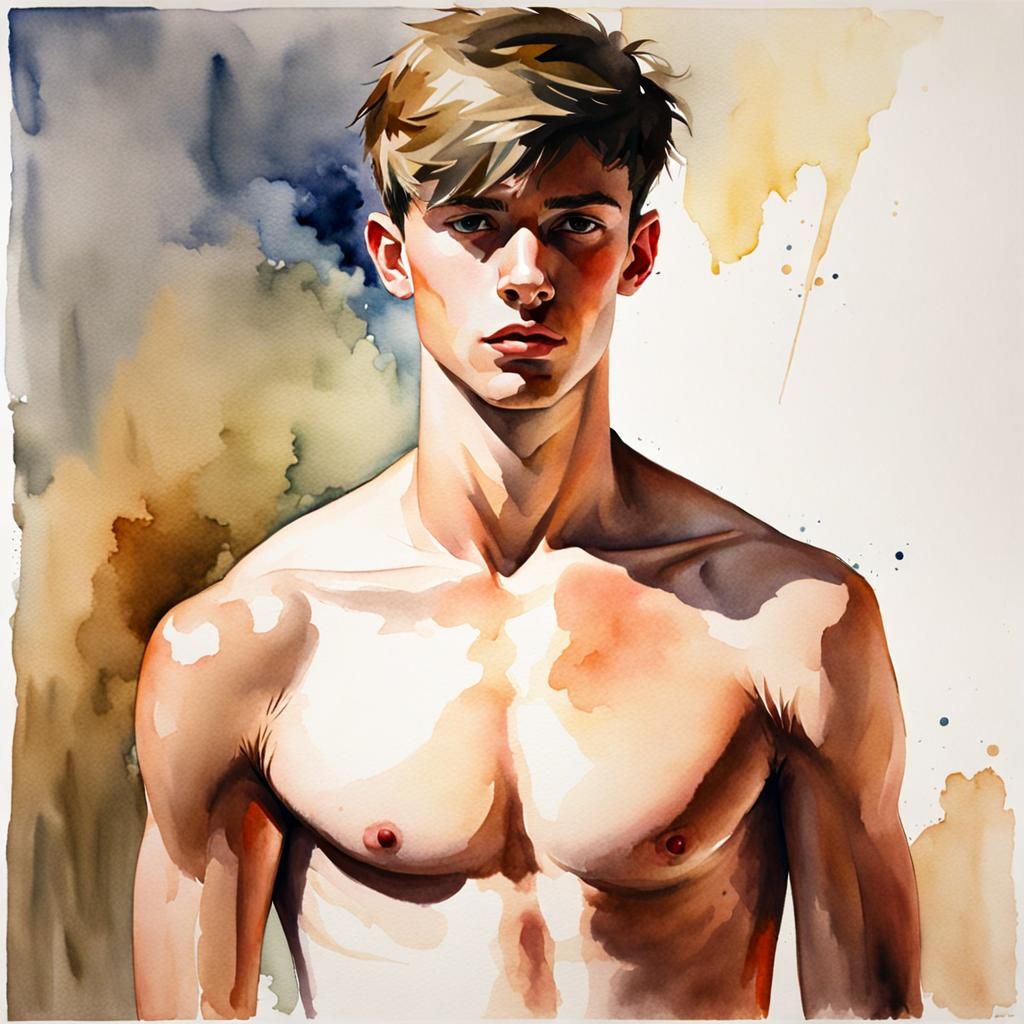 Watercolor Painting of a Shirtless Young Man