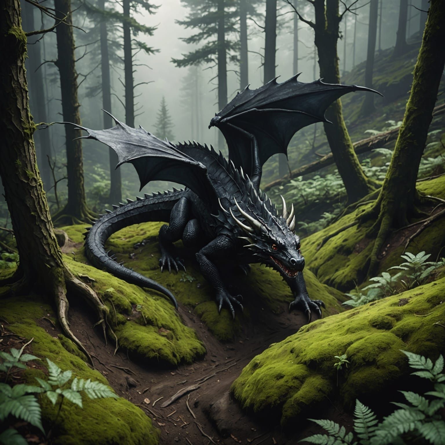 High Detail Black Dragon in Forest
