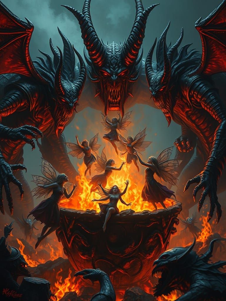 Demons Hurl Fairies into Fiery Vat in Gothic Dark Fantasy