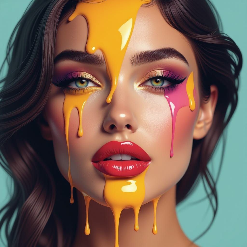 Surreal Melting Portrait with Vibrant Pouring Art Style