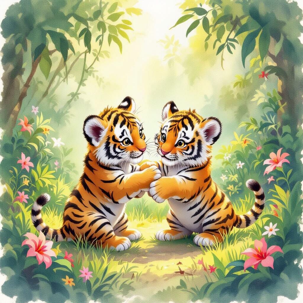 Playful Tiger Cubs in a Lush Jungle Clearing