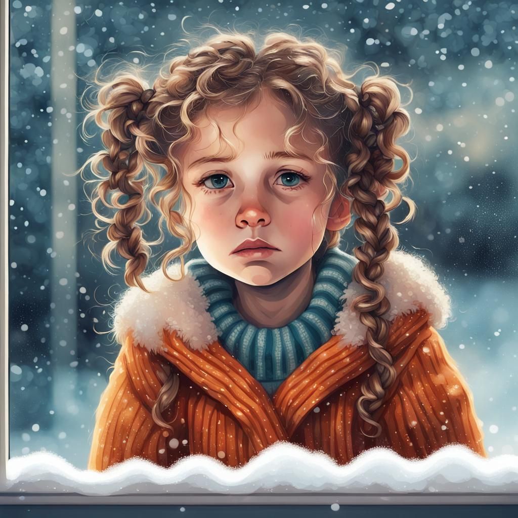Sad Girl Gazing at Winter Storm Through Window