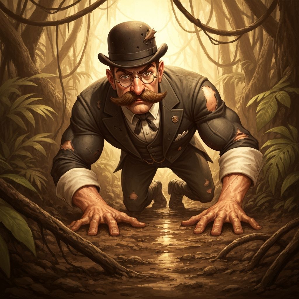 Sepia Edwardian Gentleman Crawling Through Jungle Undergrowt...