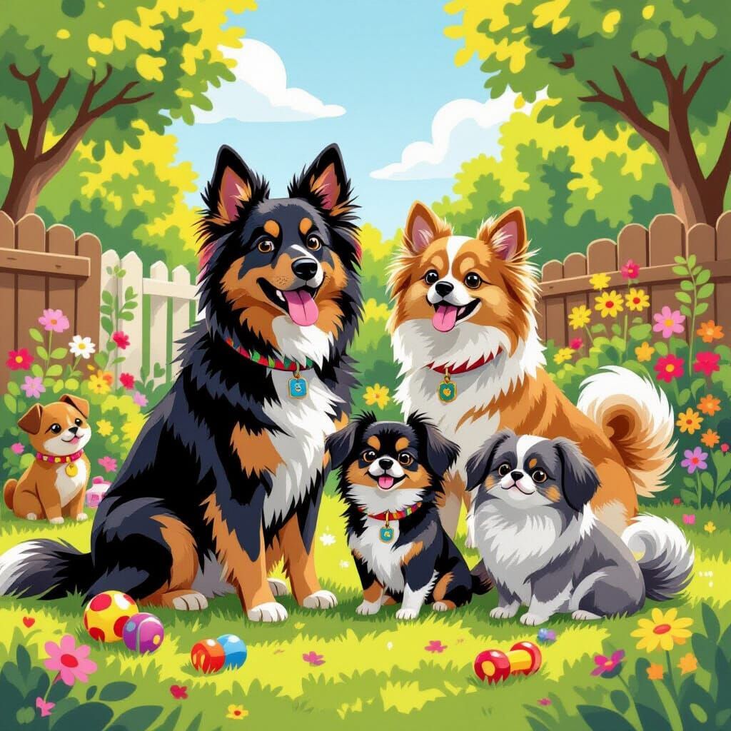 Colorful Pets Gather in Sunny Backyard