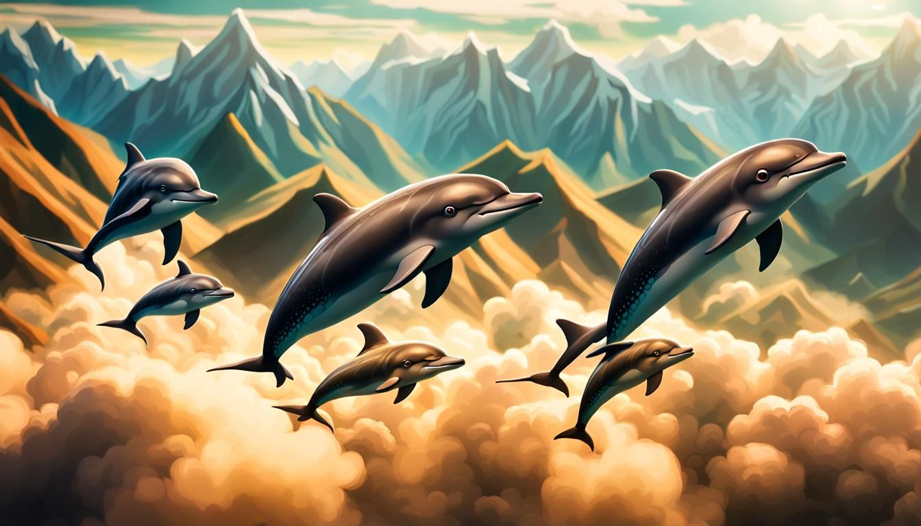Dolphins Flying Over Mountains: 3D Render