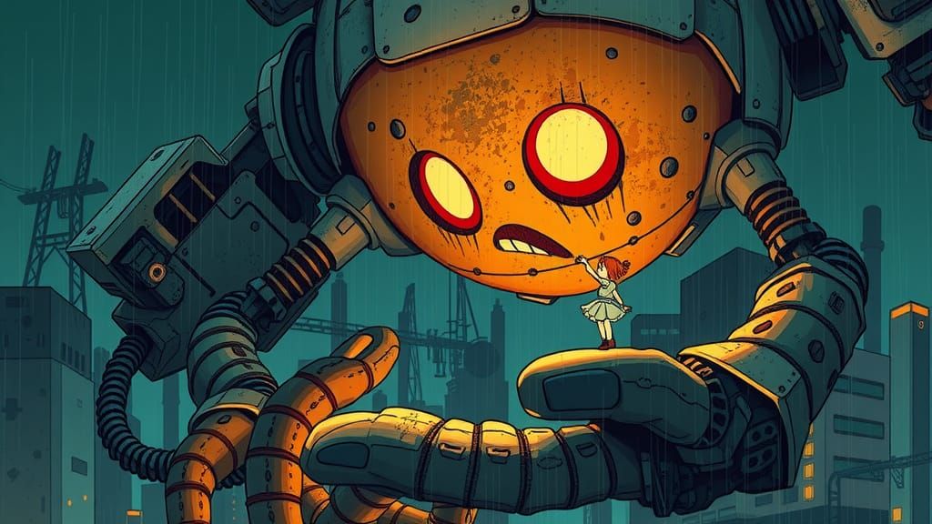 Emoji Robot and Girl in Dystopian Landscape