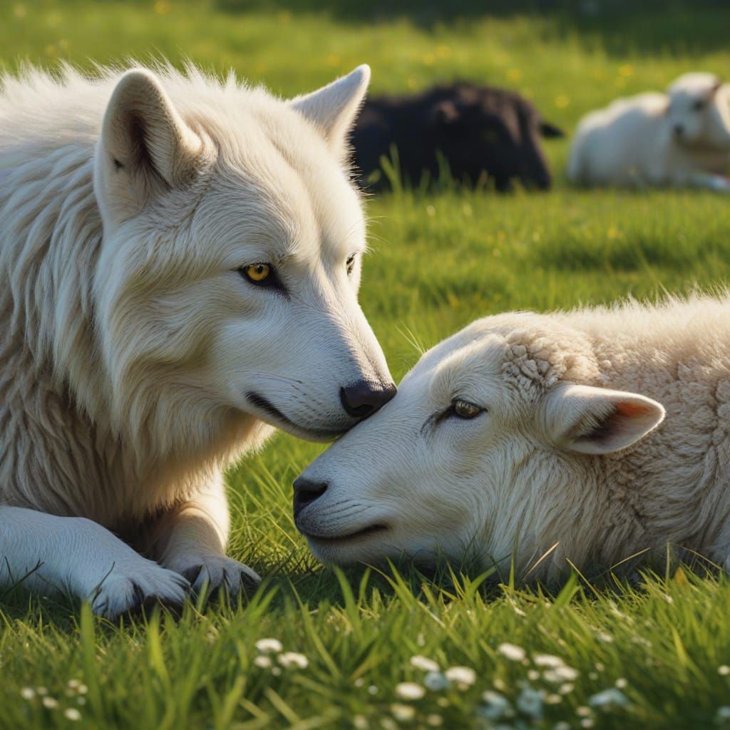Serene Wolf and Sheep in Pastoral Oil Painting Style