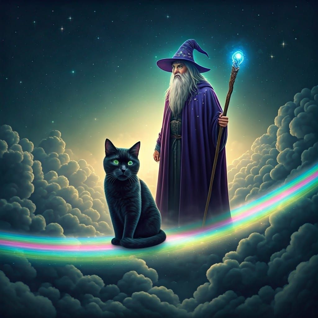Regal Wizard and Velvet Cat on Majestic Rainbow Bridge