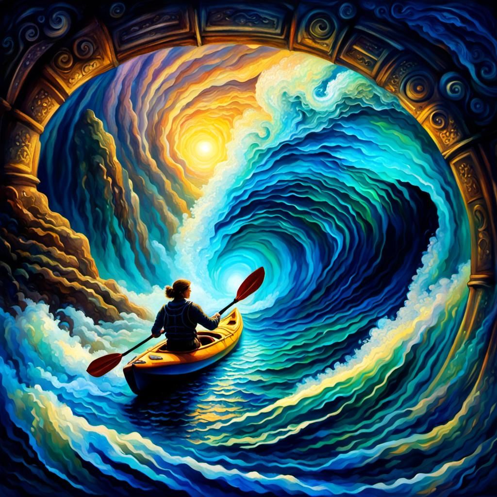 Kayaker Navigating Swirling Ocean Tunnel: Vibrant Concept Ar...