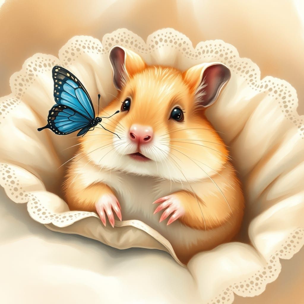 Whimsical Hamster with Butterfly in Pastel Paradise
