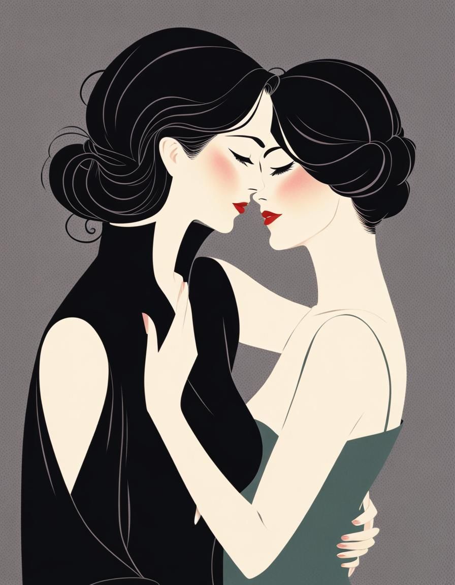 art by Takabatake Kasho, two beautifully elegant women tenderly hugging faces inches apart, breathing each other's air, ...