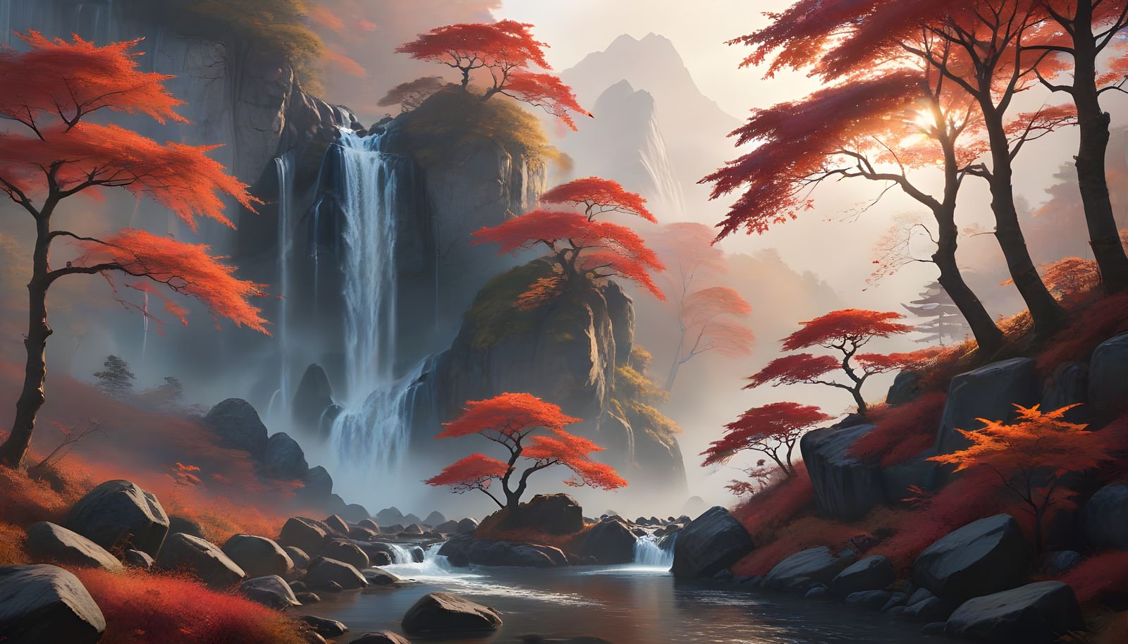 Sunrise Over Japanese Mountains with Waterfall and Maples