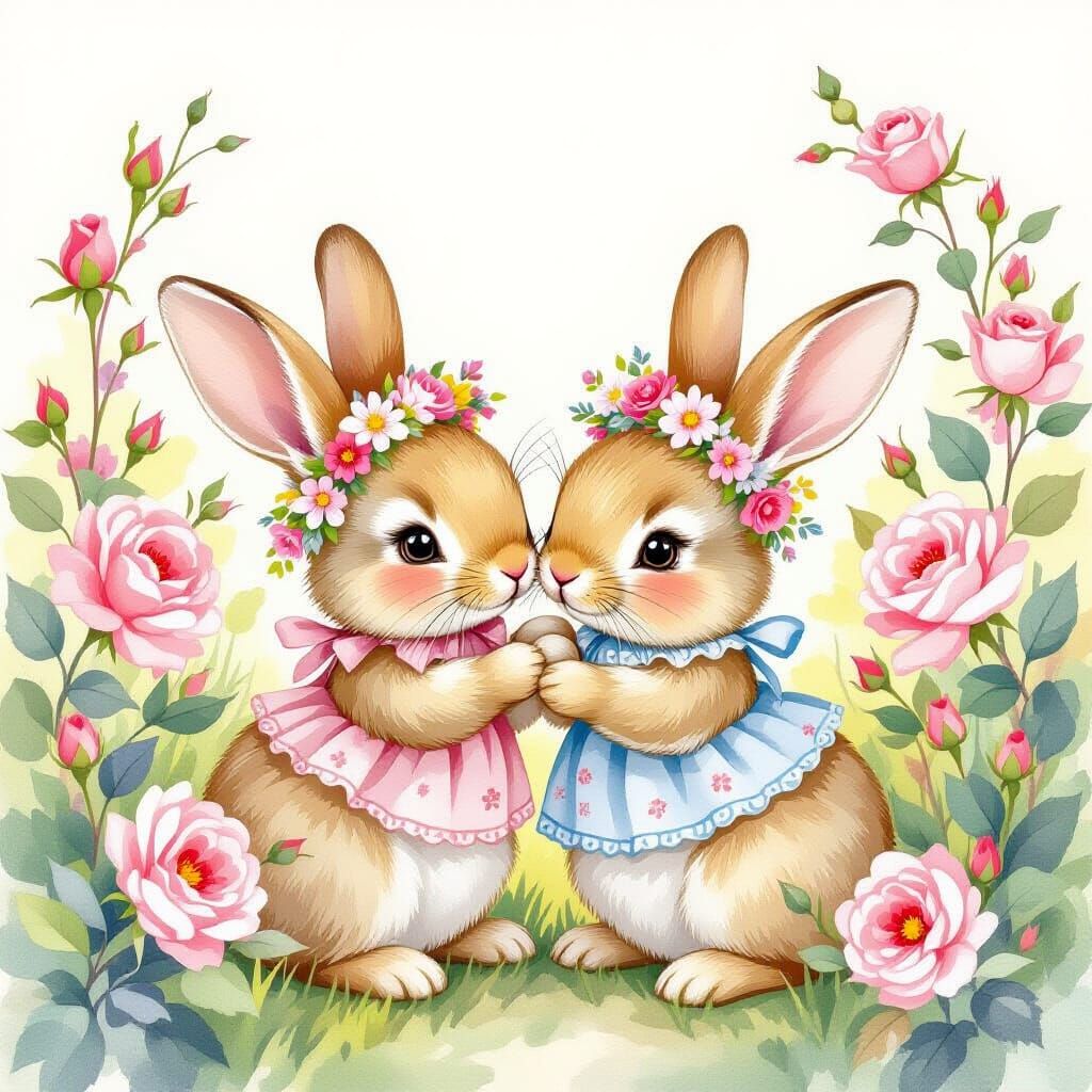 Baby Bunnies Snuggling in Rose Garden