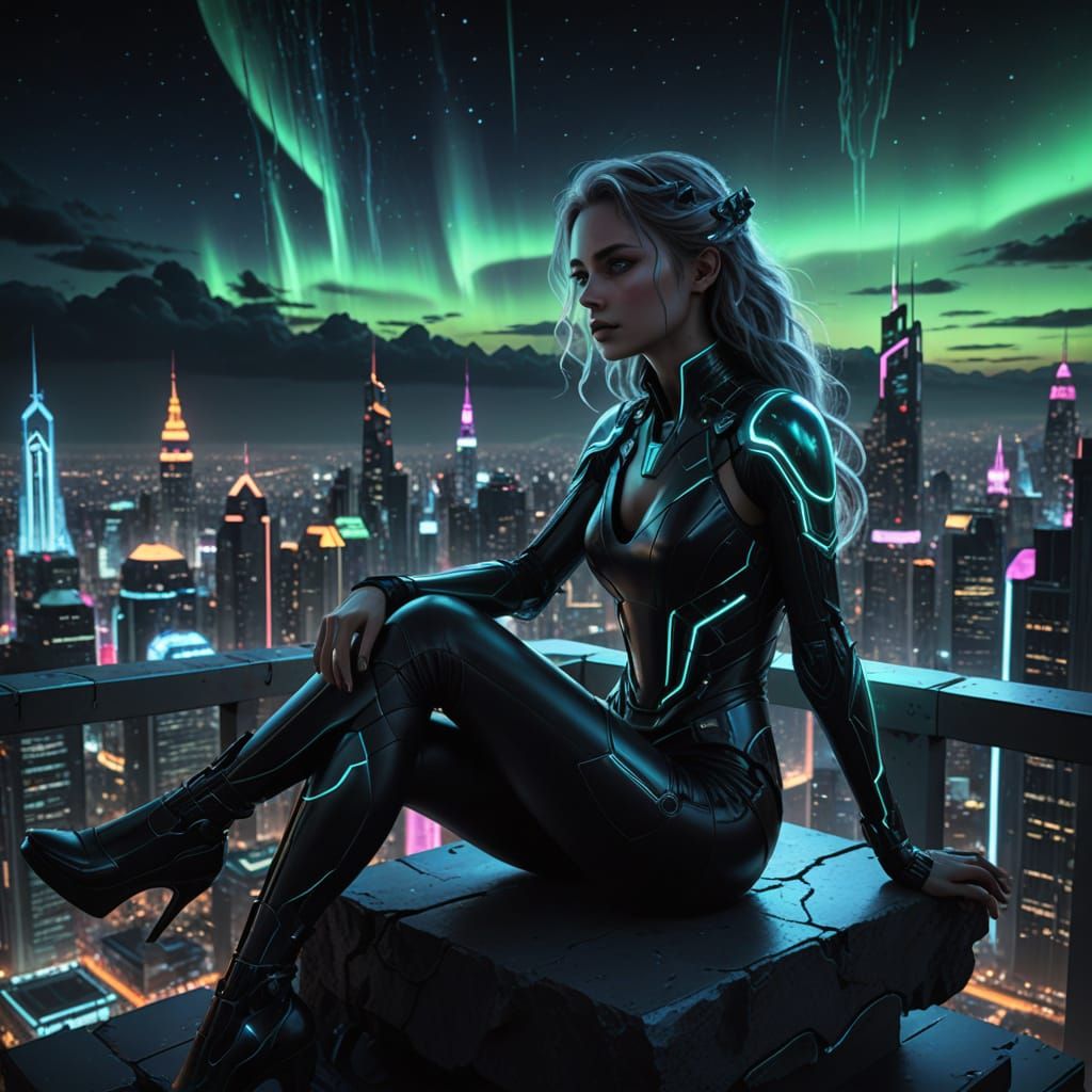 Sci-Fi Woman on Ledge Above Futuristic City
