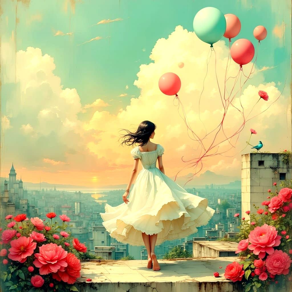 Figures Dancing on Rooftop in Cozy Pastel Colors