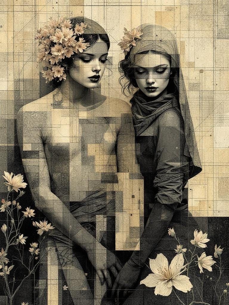 Scrimshaw Fusion: Mondrian Figure in Retro Cherry Garden