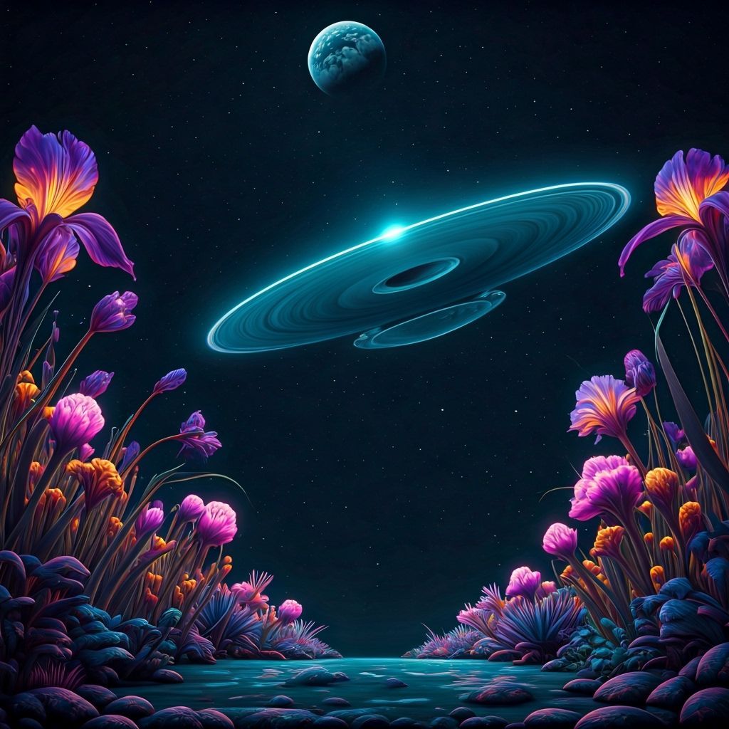 Extraterrestrial Planet with Flying Saucer, Sci-Fi Art