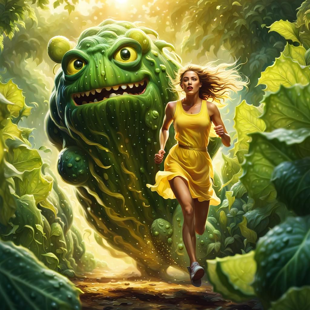 Woman Fleeing a Cucumber Monster in Hyperrealistic Art