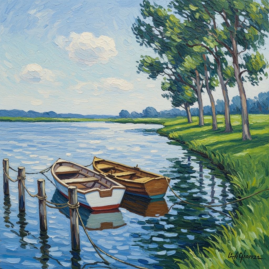 Tranquil Waters: Two Wooden Boats in Impressionist Style