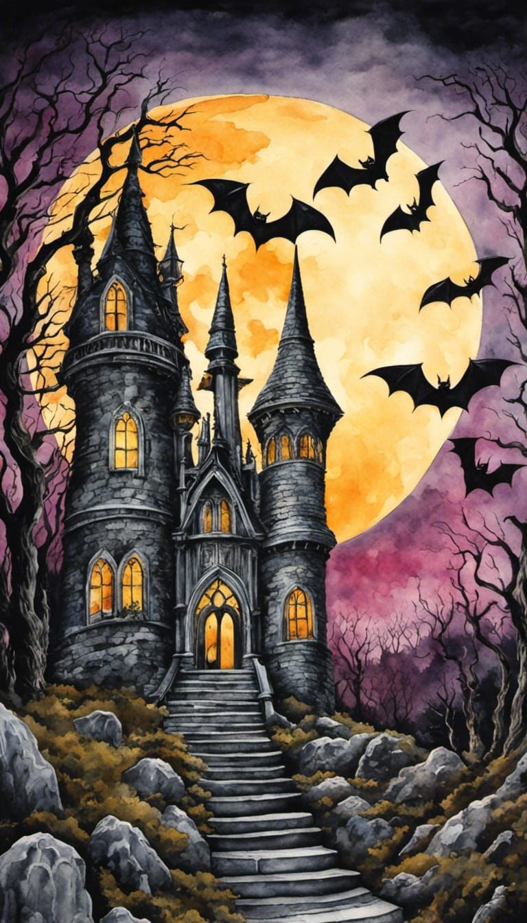 Gothic Castle with Giant Bats in Watercolor