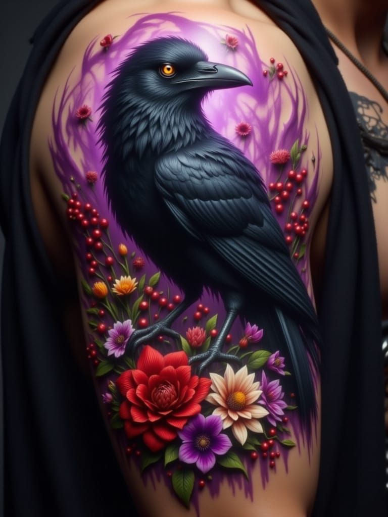 Muscular Arm Tattoo of Raven Among Flowers
