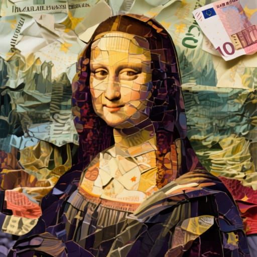 The Mona Lisa made of Italian lira bills and Euros. collage ...