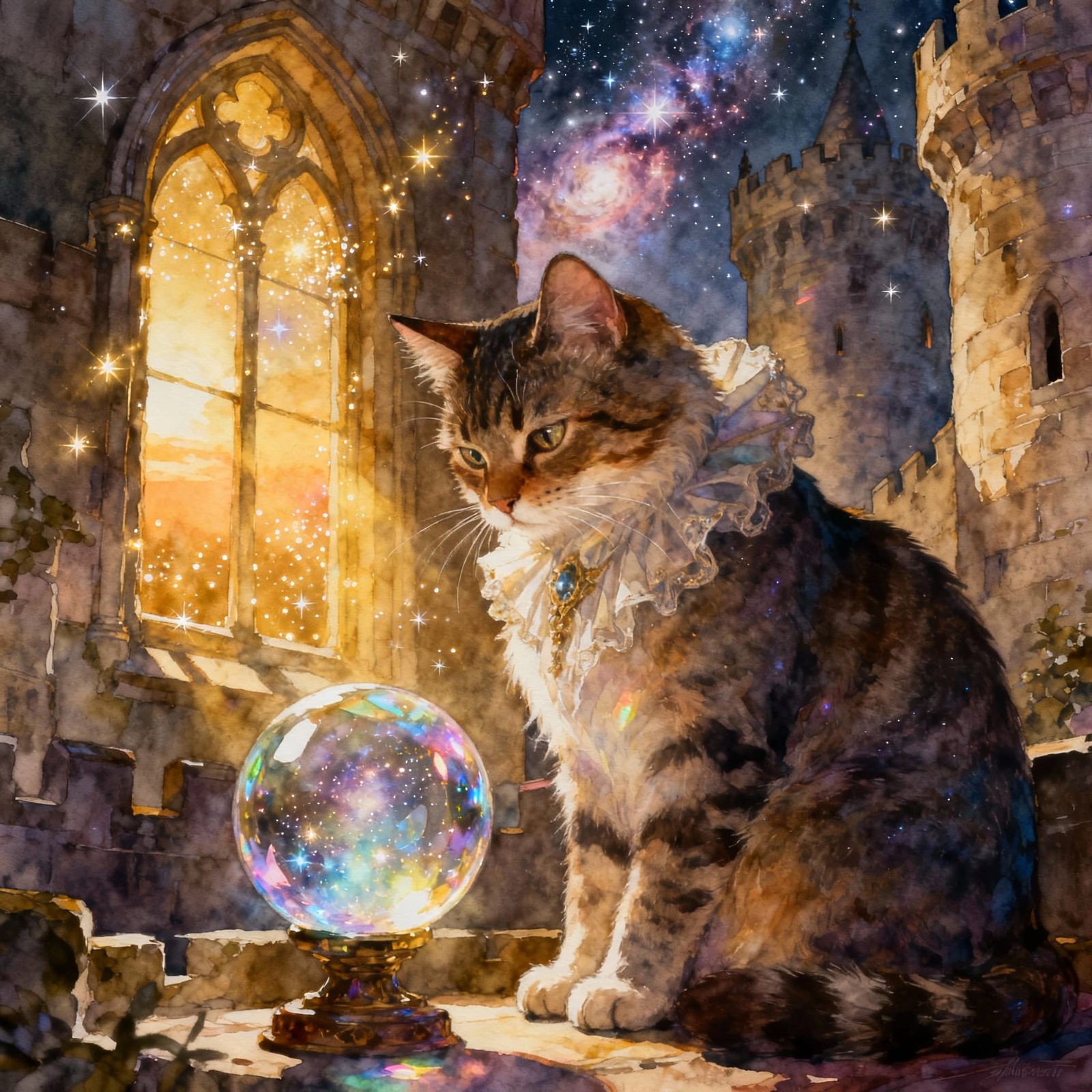 Wise Cat Gazes into Crystal Ball in Castle Tower