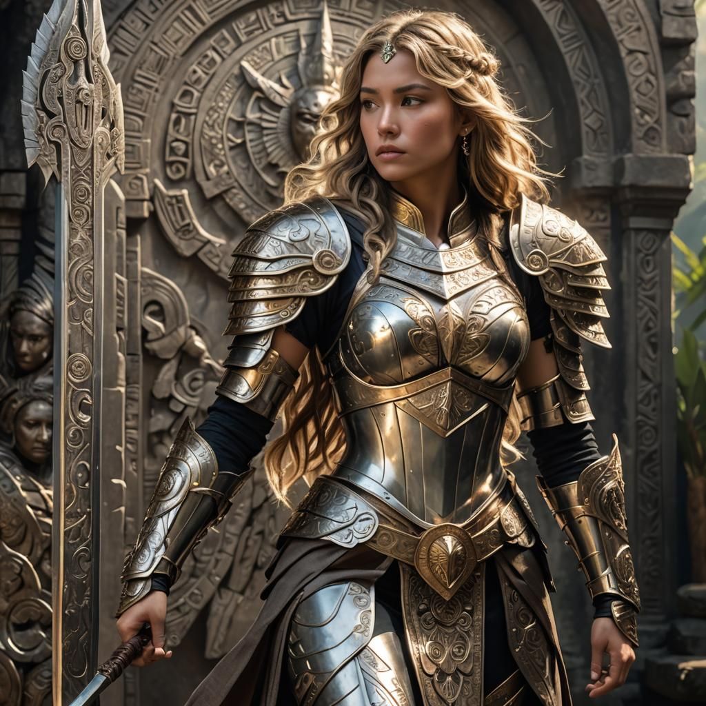 Amazonian Warrior in Ancient Greek Temple Ruins