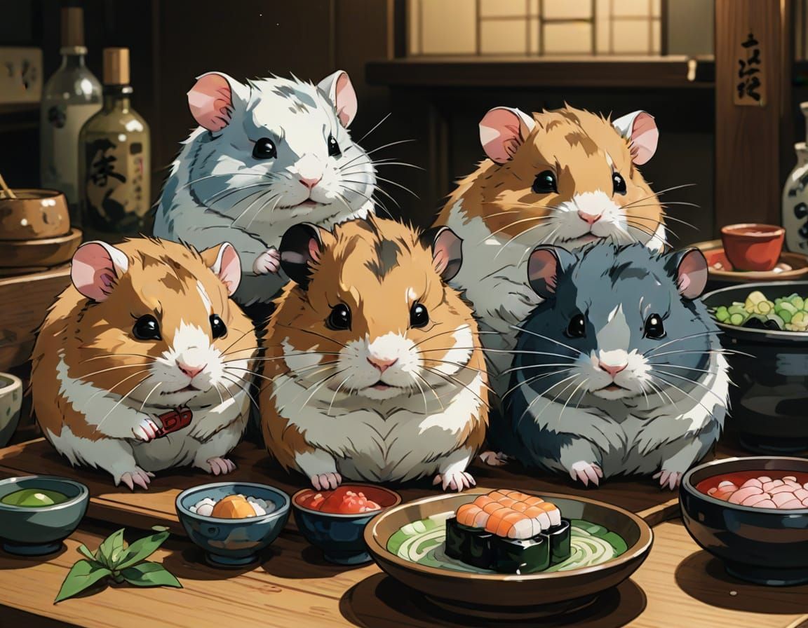 Traditional Japanese Sushi Hamsters Portrait in Muted Colors