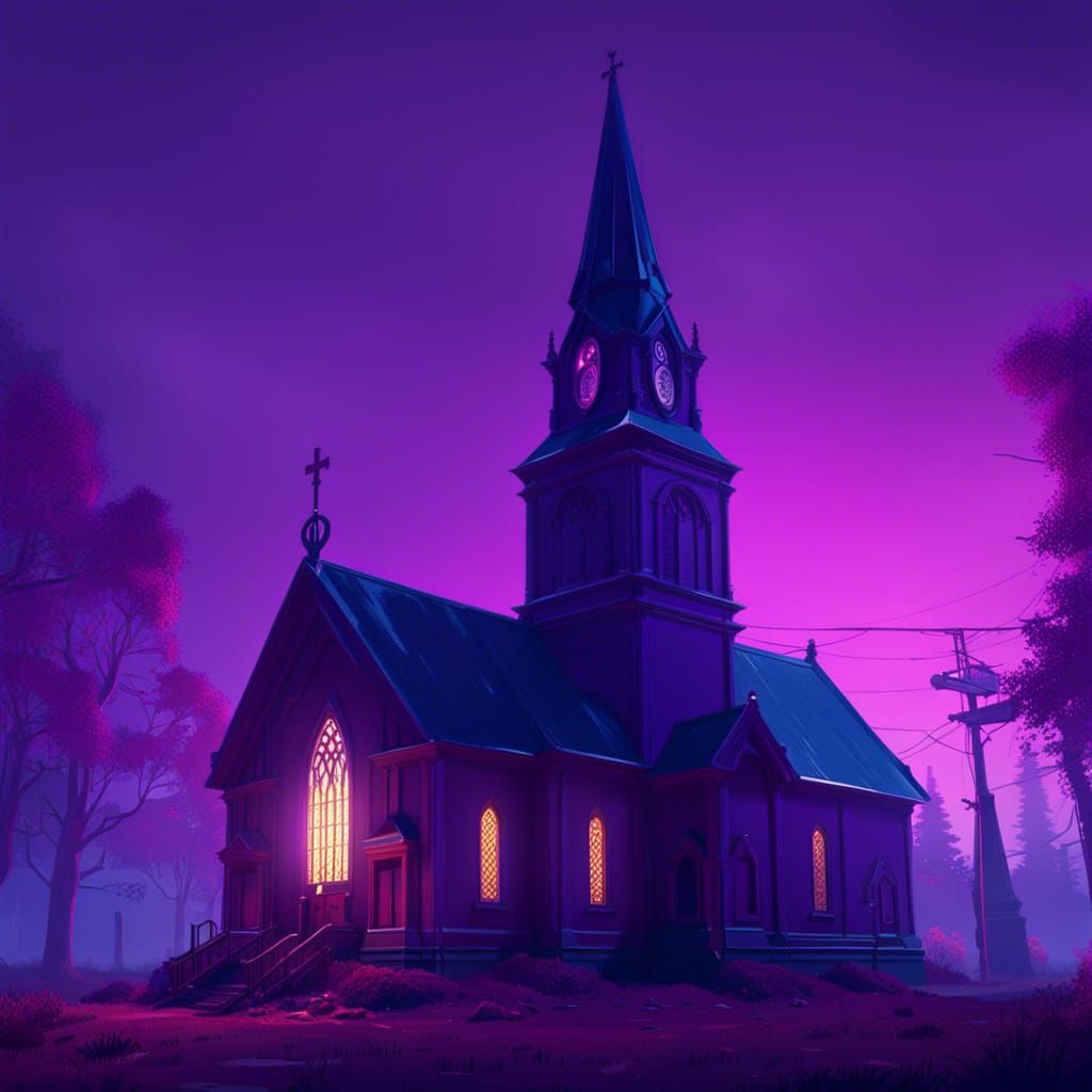Spooky Purple Church in Fantasy Illustration Style