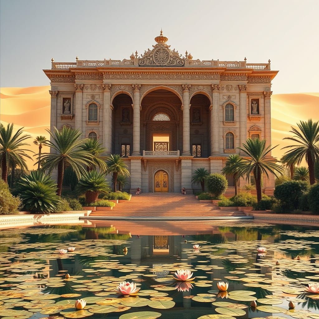 Vast Marble Palace in Golden Oasis Landscape