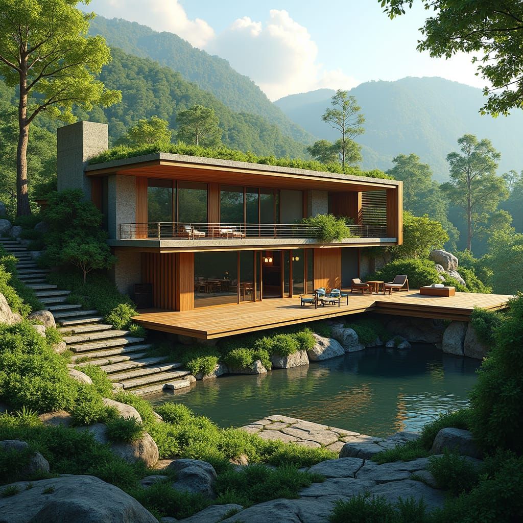 Eco-Friendly House in Lush Landscape, Digital Art