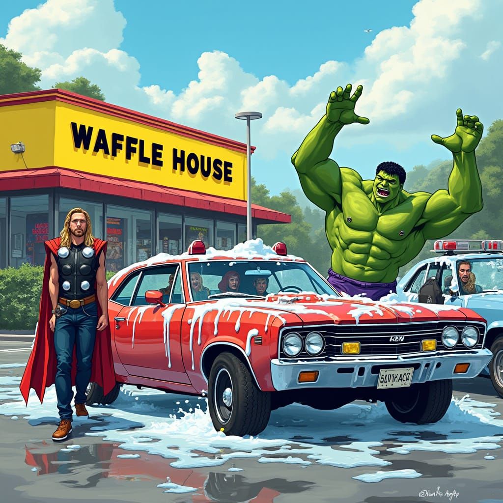 Thor and Hulk Charity Carwash at Waffle House