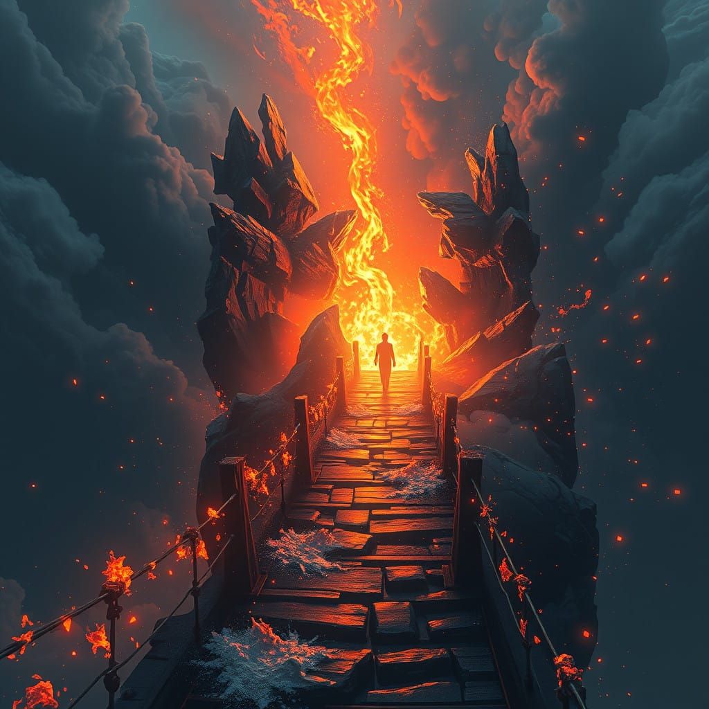 Ethereal Bridge of Dreams Abandoned in Flames