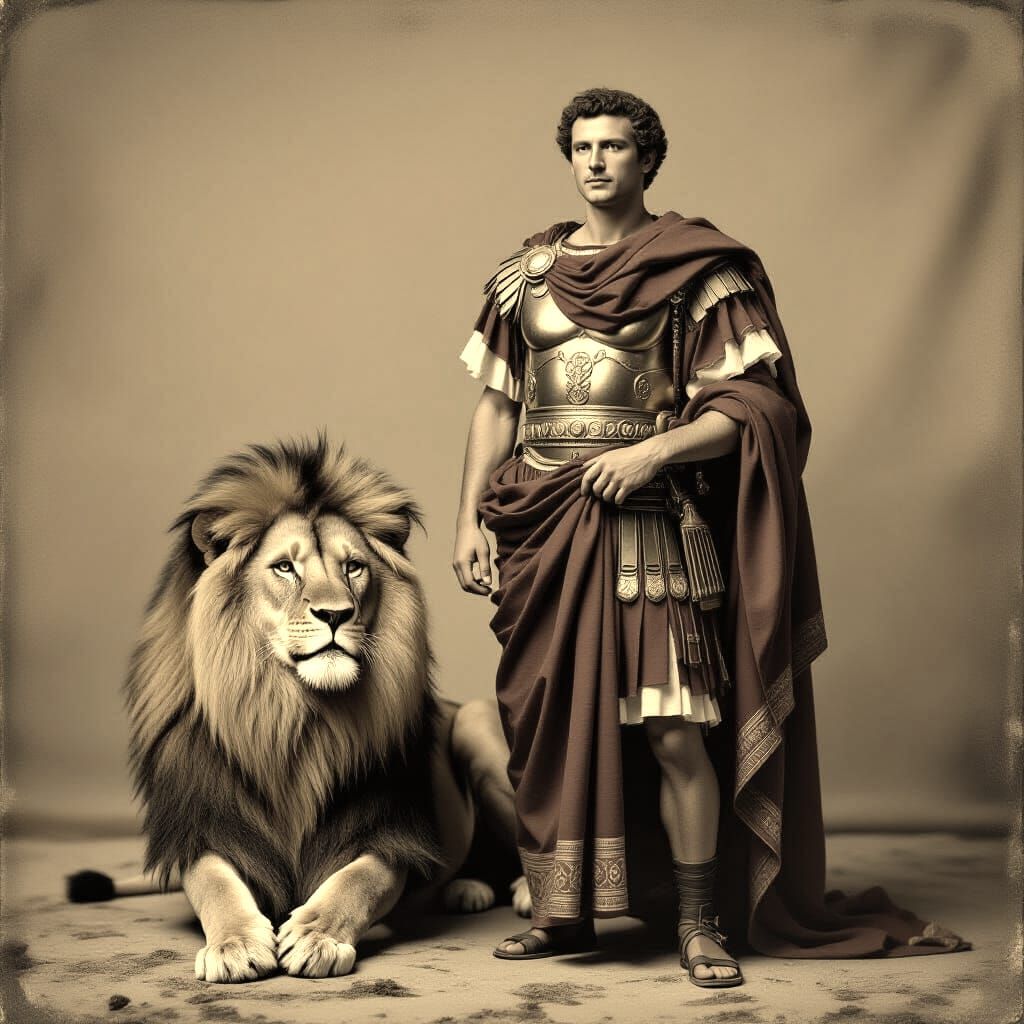 Antique Daguerreotype Portrait of Roman Senator with Lion
