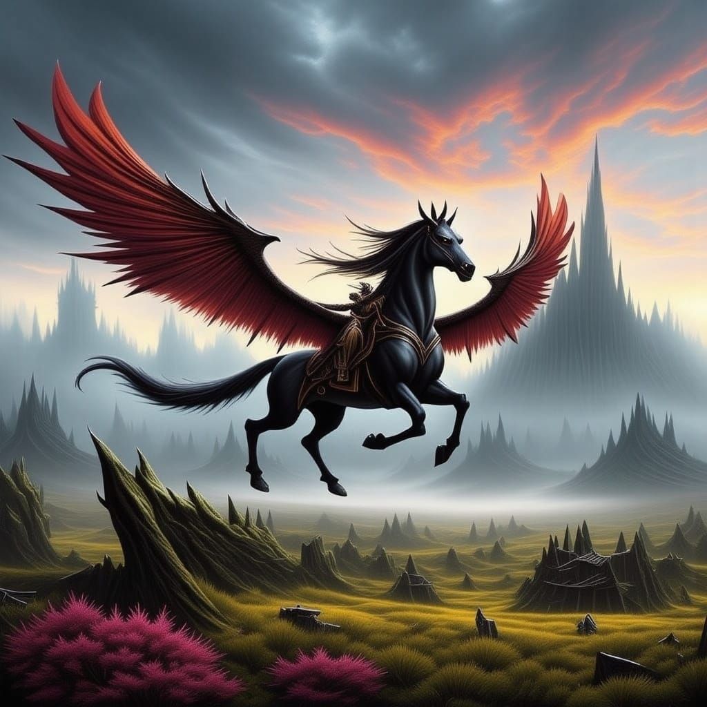 Pegasus Soaring Above a Fantasy Landscape
