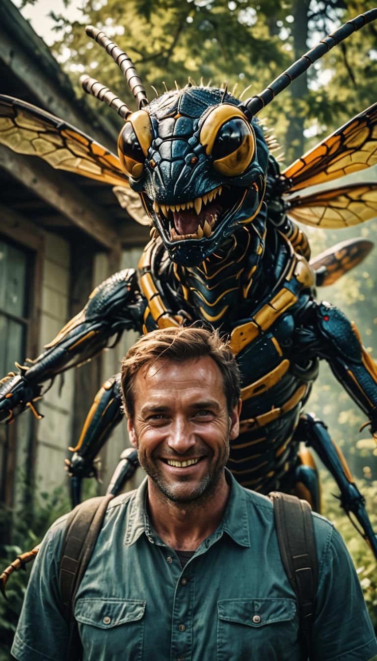 Unsuspecting Man with Wasp Monster in Fantasy Art