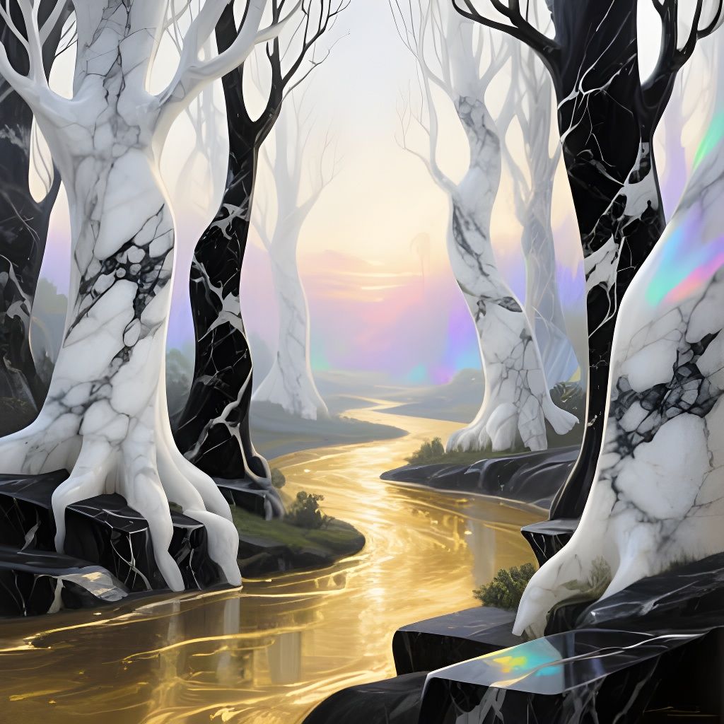 Whimsical Marble Forest Oil Painting with Gold River