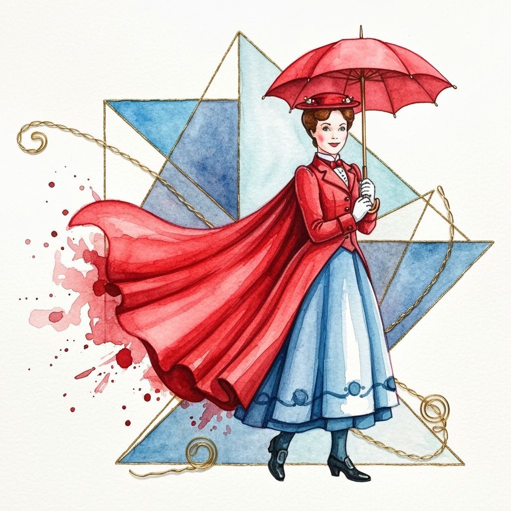 Abstract Watercolor of Mary Poppins with Gold Wirework