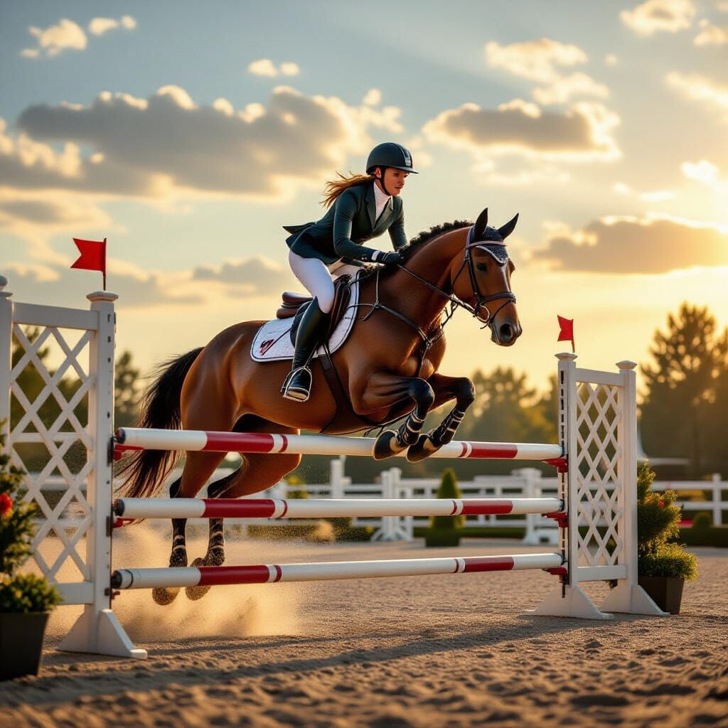 Equestrian Rider Soars Over Jump in Golden Hour Showjumping