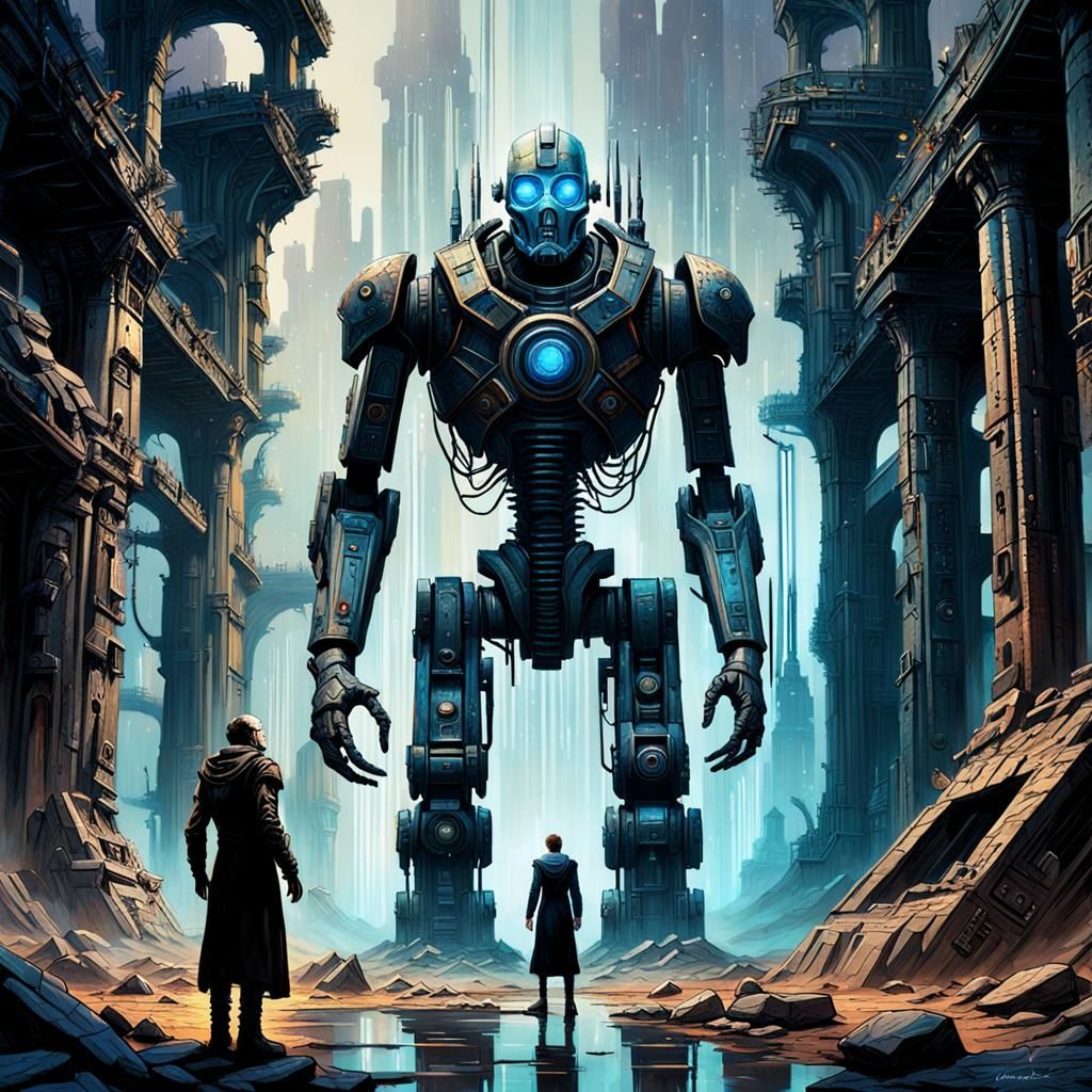 Wanderer Confronts Guardians in Cybernetic Metropolis: Oil P...