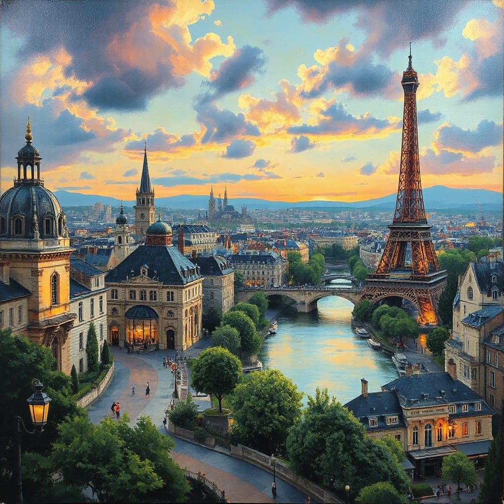 Whimsical Paris Cityscape in Neo-Impressionist Style